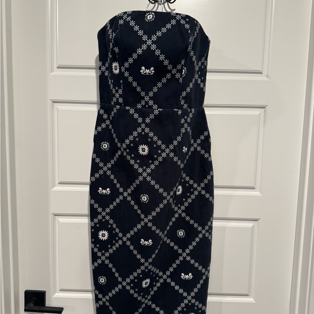 Kookai Navy Strapless Dress with White Geometric Pattern